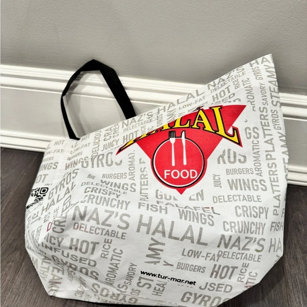 NWOT Naz's Halal Food Logo Reusable Tote Bag - White with Red & Yellow 14 x 10